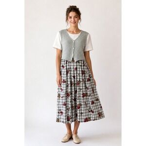 Vintage Allison-che Maxi Dress Womens 8 Cream Gray Checkered Plaid Floral Print